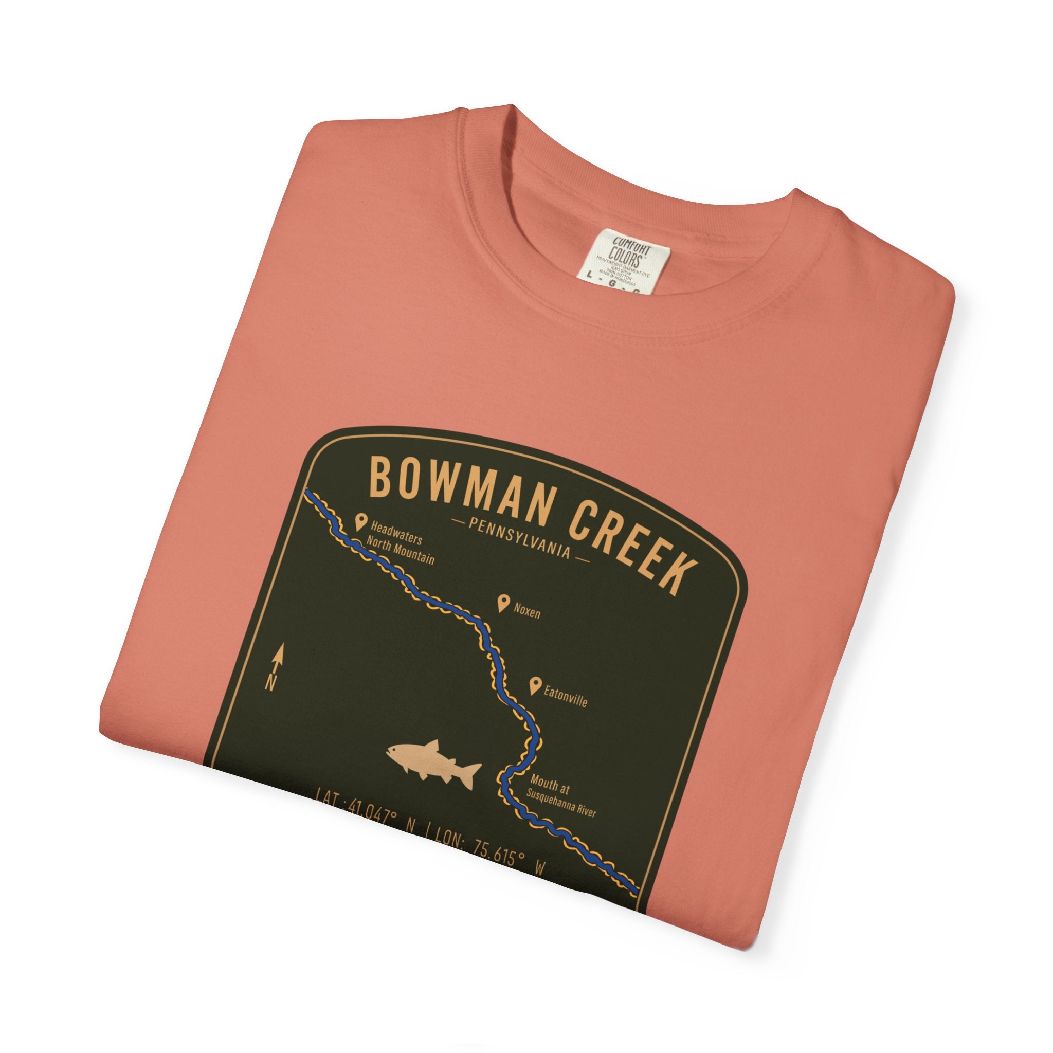 Bowman Creek PA Fishing Map T-Shirt | River Map, Trout Graphic