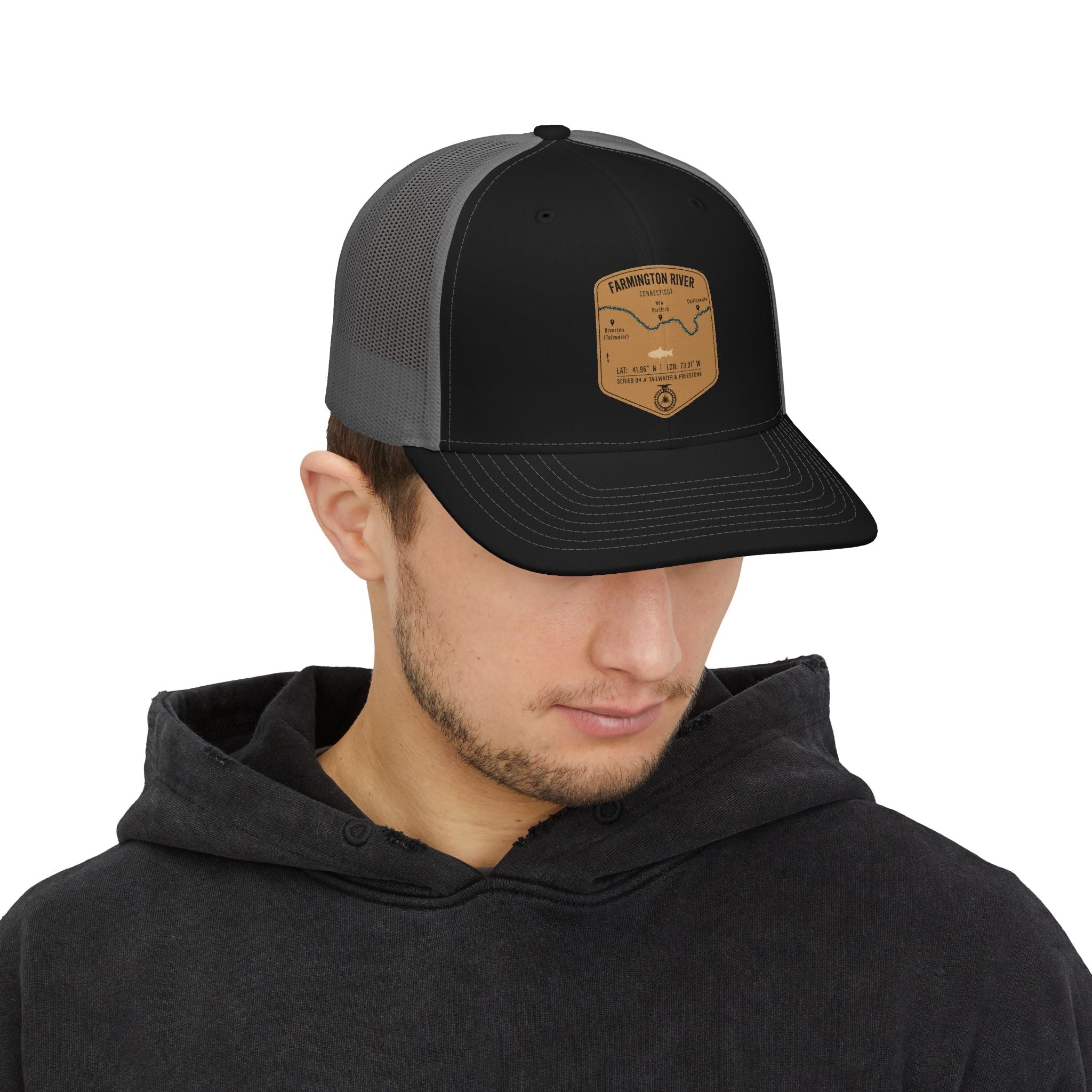 Farmington River fishing patch Snapback Cap | trout, fly fishing design