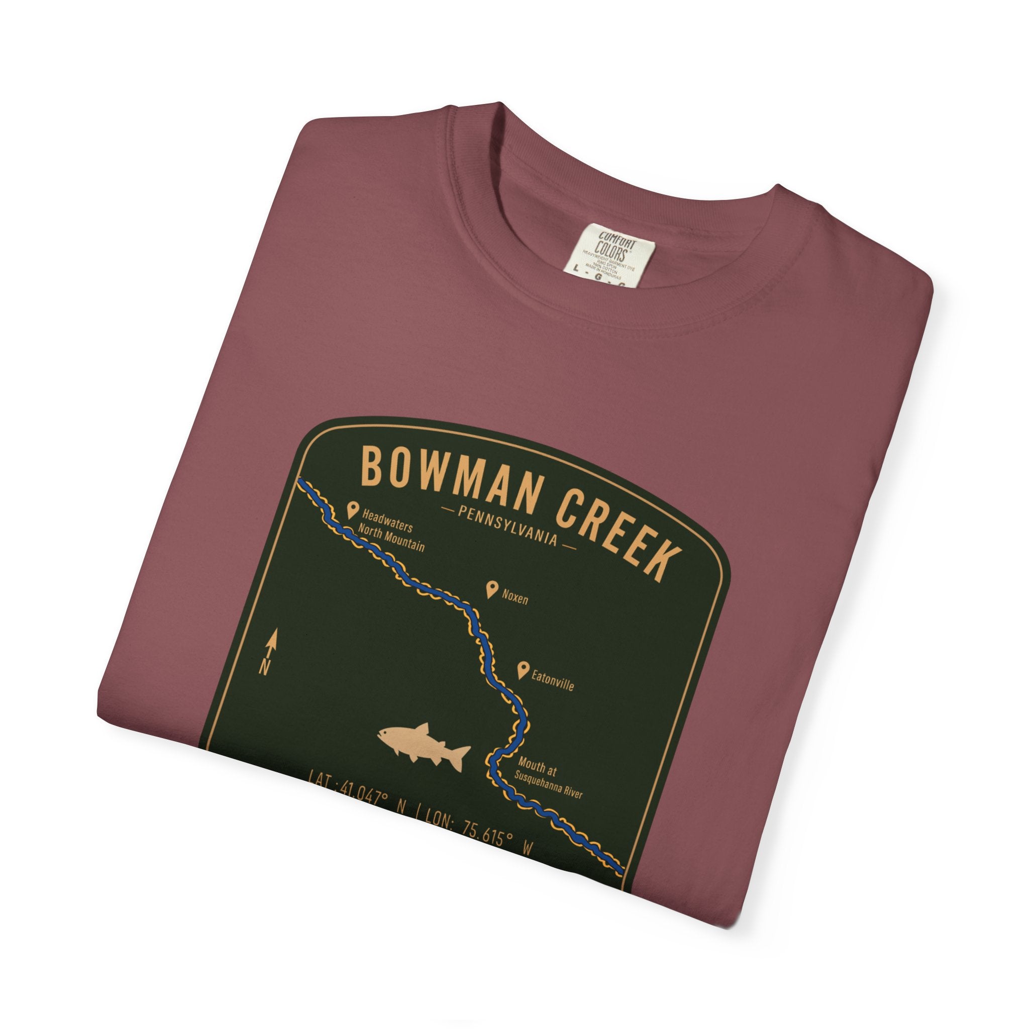 Bowman Creek PA Fishing Map T-Shirt | River Map, Trout Graphic
