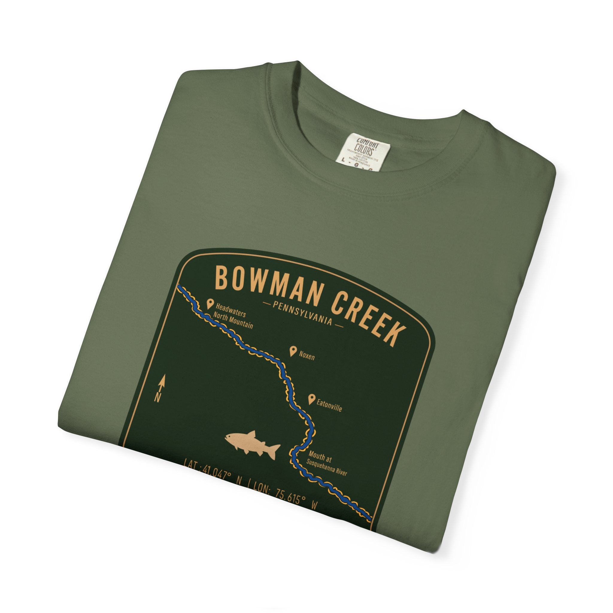 Bowman Creek PA Fishing Map T-Shirt | River Map, Trout Graphic