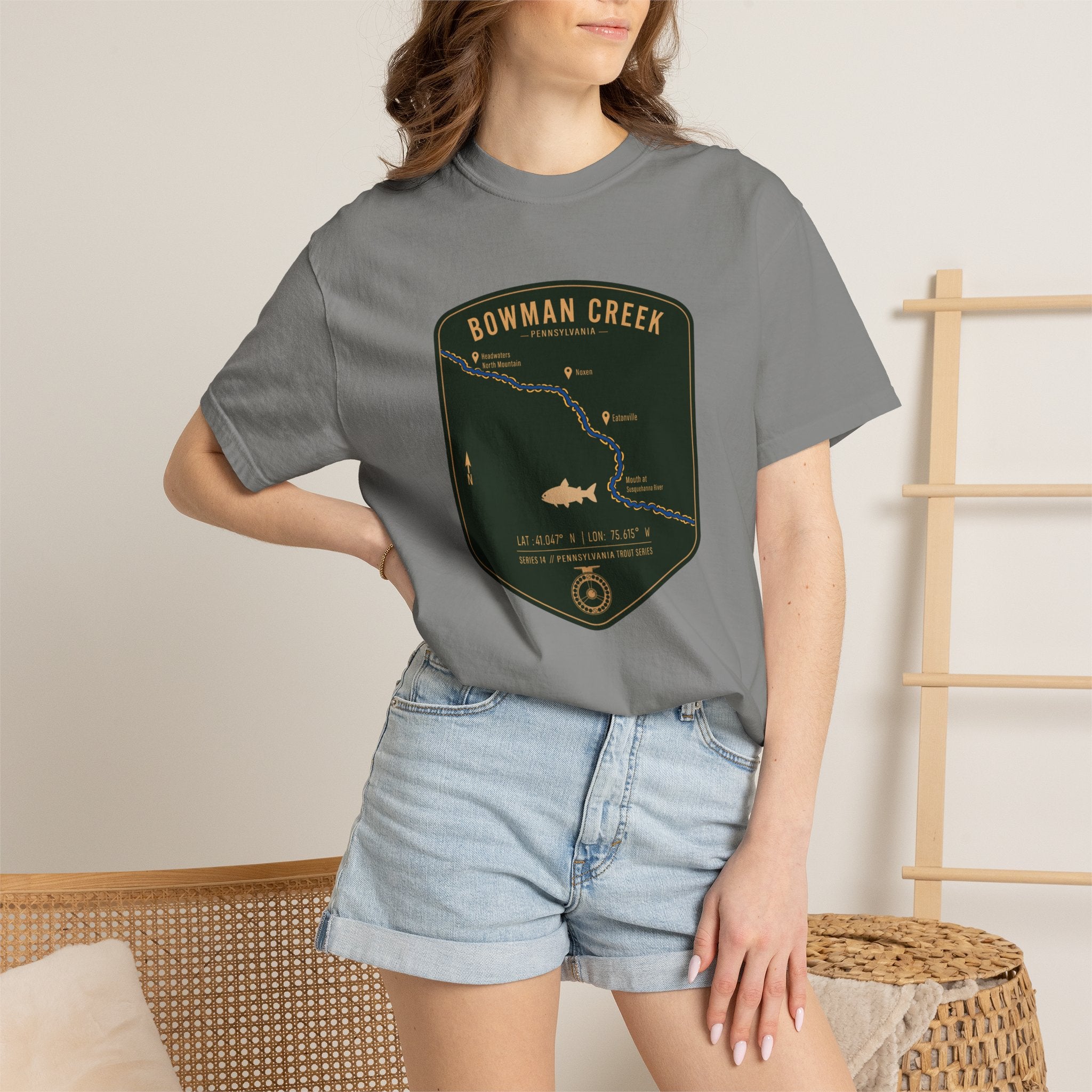 Bowman Creek PA Fishing Map T-Shirt | River Map, Trout Graphic