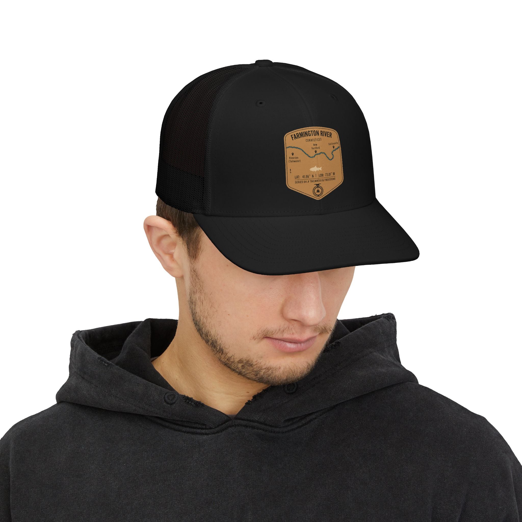 Farmington River fishing patch Snapback Cap | trout, fly fishing design