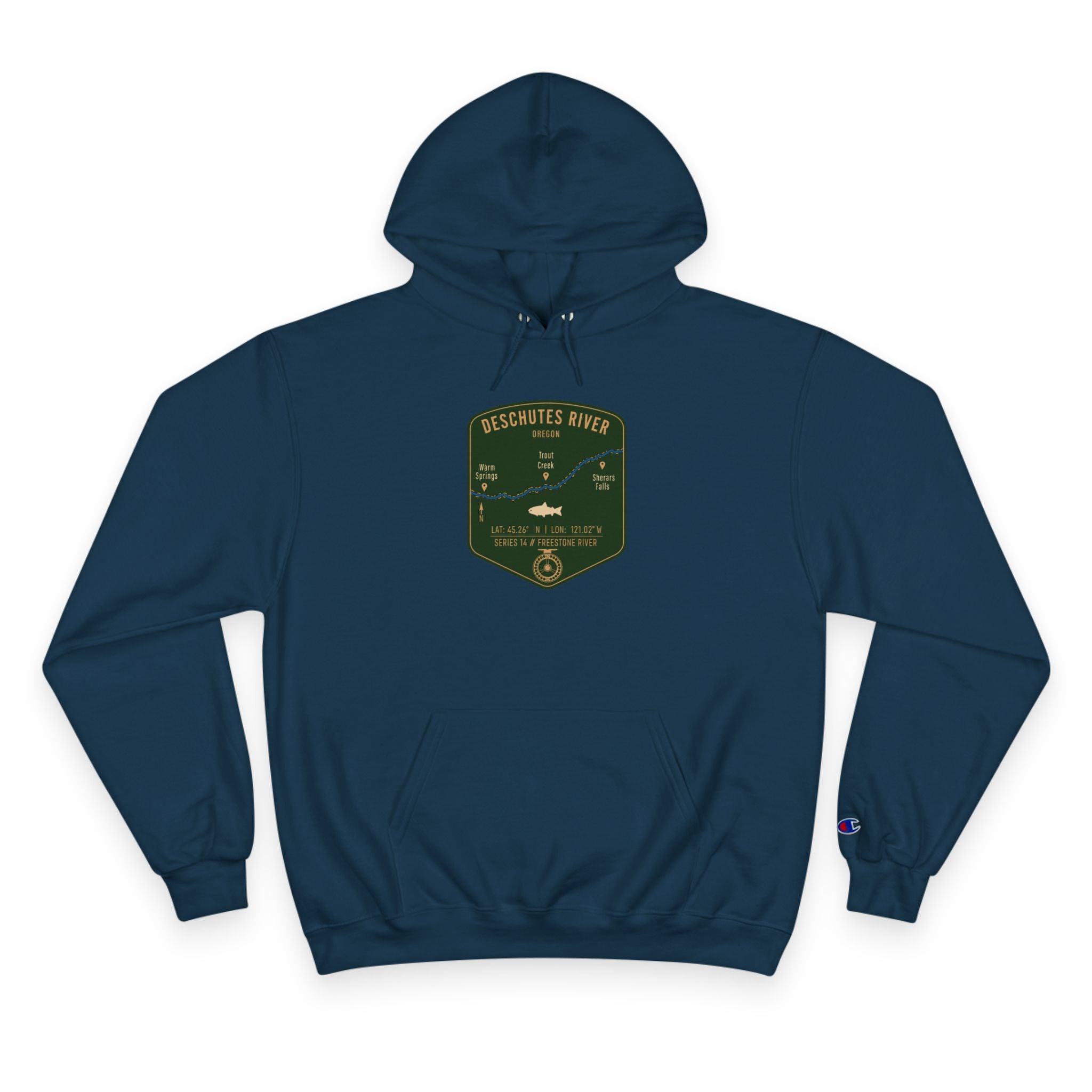 Deschutes River Patch Graphic Hoodie | Outdoor Adventure, River Kayaking Emblem