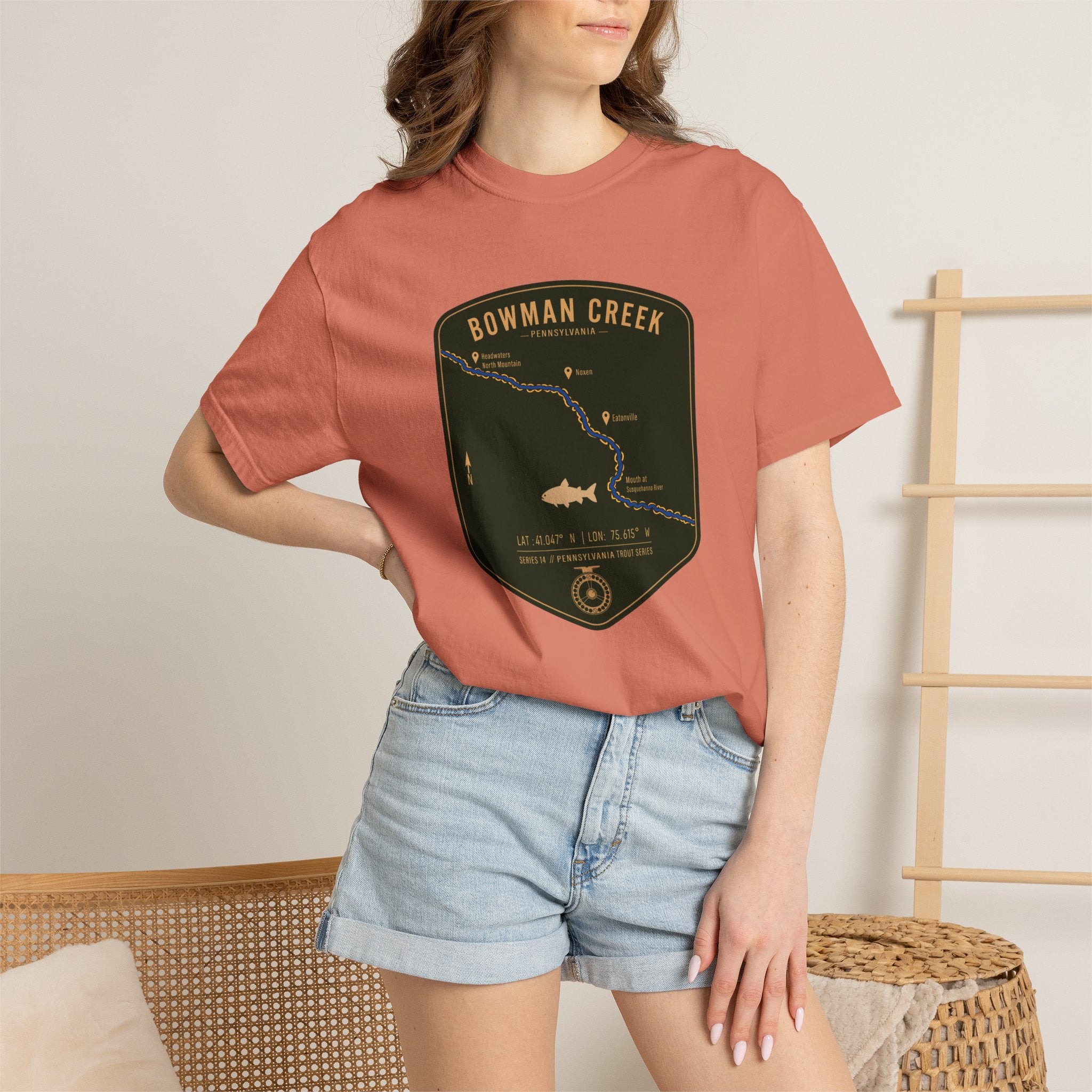 Bowman Creek PA Fishing Map T-Shirt | River Map, Trout Graphic