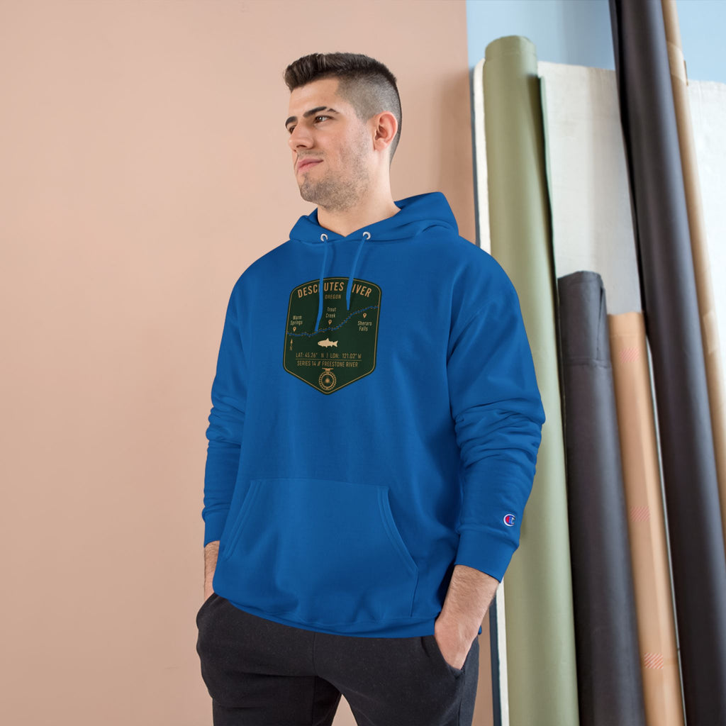 Deschutes River Patch Graphic Hoodie | Outdoor Adventure, River Kayaking Emblem