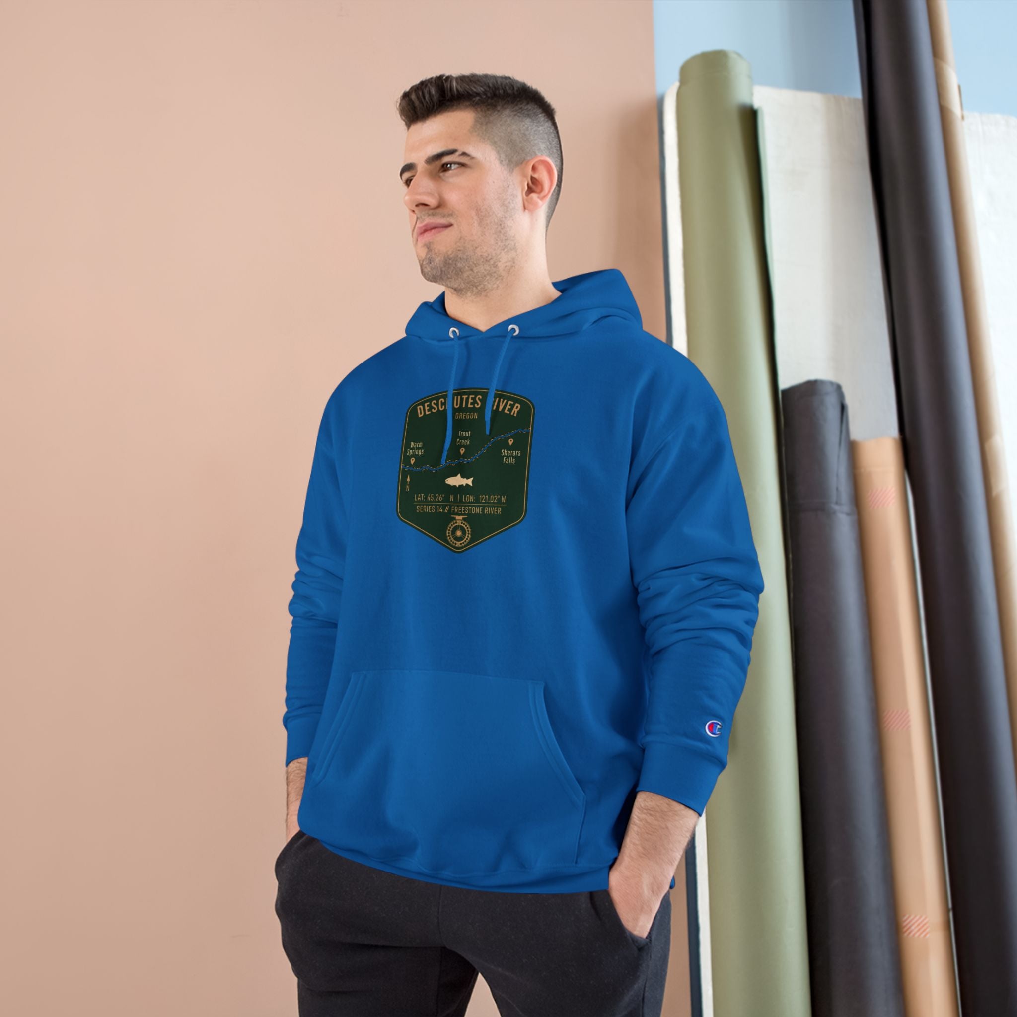 Deschutes River Patch Graphic Hoodie | Outdoor Adventure, River Kayaking Emblem