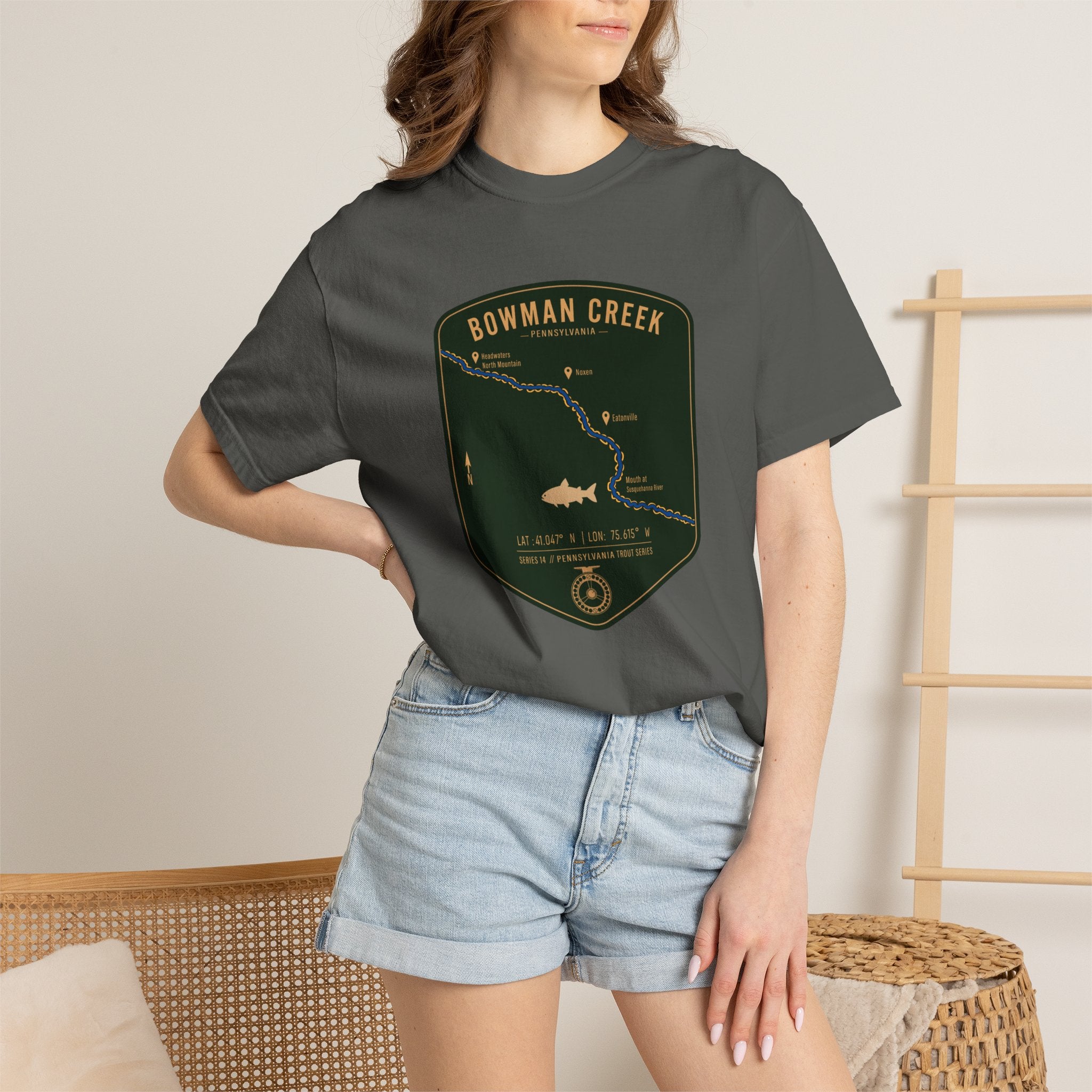Bowman Creek PA Fishing Map T-Shirt | River Map, Trout Graphic
