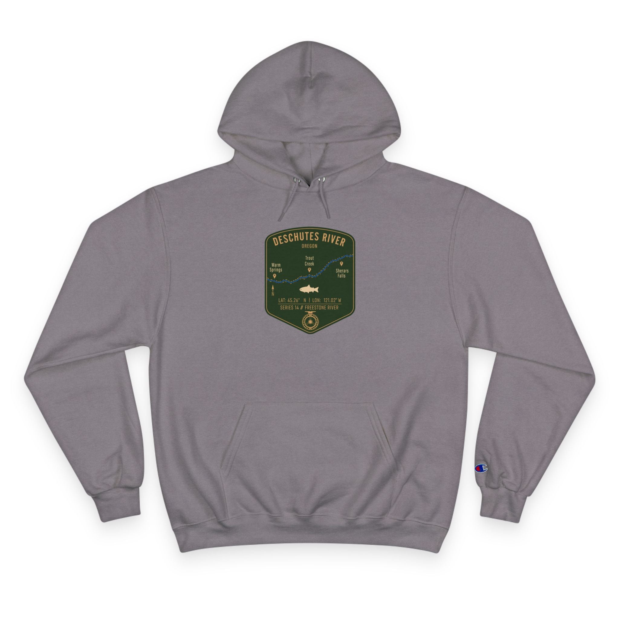 Deschutes River Patch Graphic Hoodie | Outdoor Adventure, River Kayaking Emblem