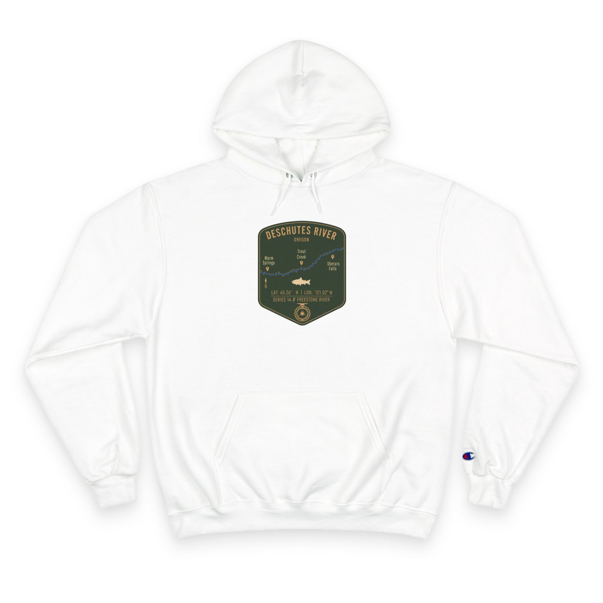Deschutes River Patch Graphic Hoodie | Outdoor Adventure, River Kayaking Emblem