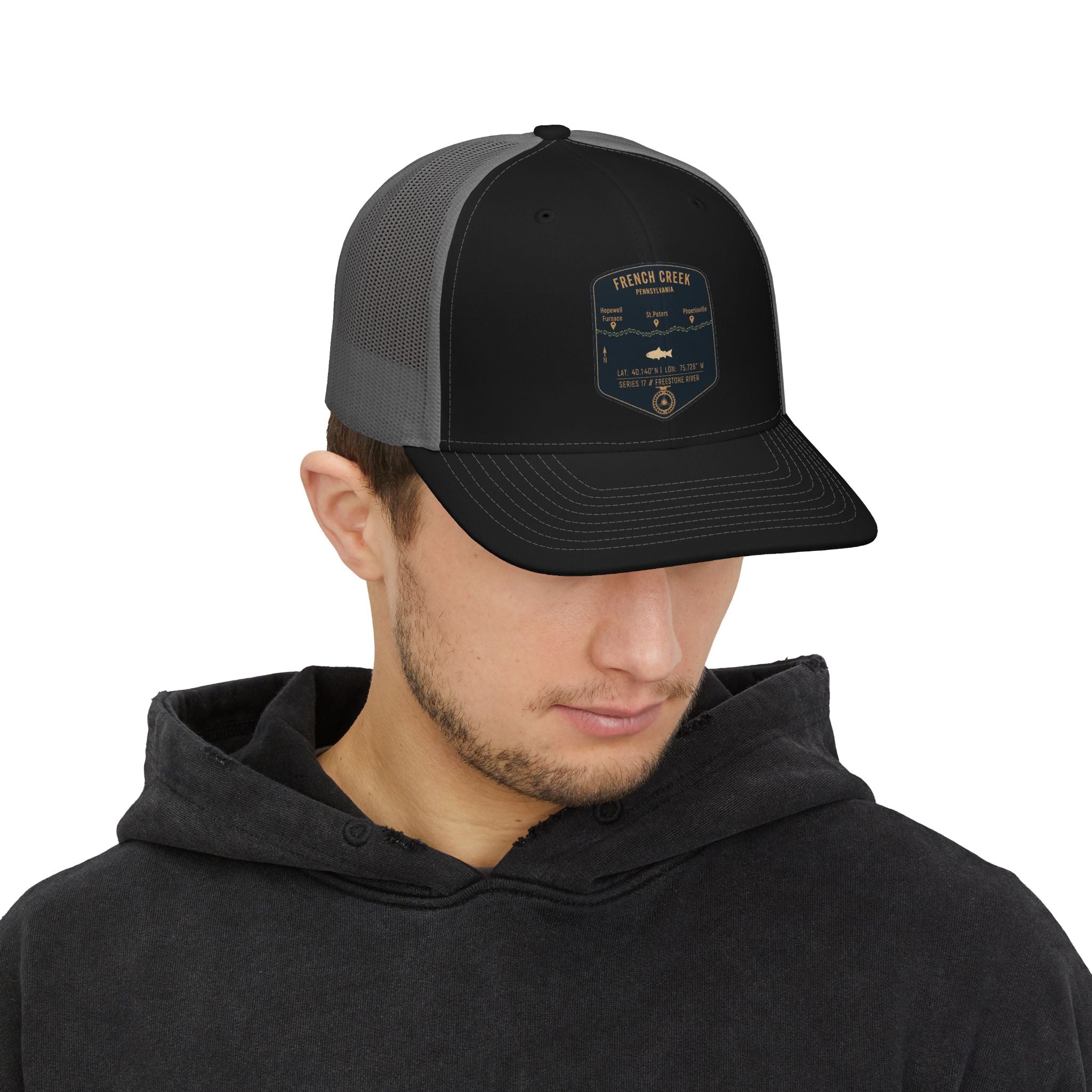 French Creek fishing patch Snapback Cap | trout, fly fishing design
